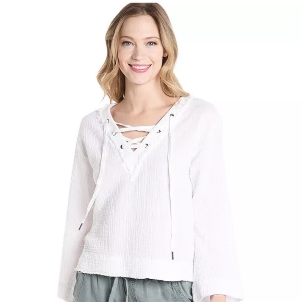 Anthropologie CLOTH & STONE BELL SLEEVE LACE UP PULLOVER BLOUSE WHITE